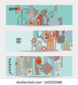 Abstract retro colored mid century background. Modern material design with overlapping geometric shapes. Realistic shadow of paper cut craft. Template with different levels of paper surfaces.