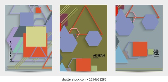 Abstract retro colored mid century background. Modern material design with overlapping geometric shapes. Realistic shadow of paper cut craft. Template with different levels of paper surfaces.