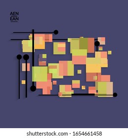 Abstract retro colored mid century background. Modern material design with overlapping geometric shapes. Realistic shadow of paper cut craft. Template with different levels of paper surfaces.