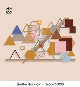 Abstract retro colored mid century background. Modern material design with overlapping geometric shapes. Realistic shadow of paper cut craft. Template with different levels of paper surfaces.