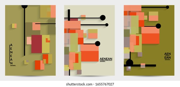 Abstract retro colored mid century background. Modern material design with overlapping geometric shapes. Realistic shadow of paper cut craft. Template with different levels of paper surfaces.