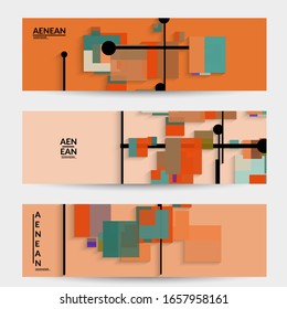 Abstract retro colored mid century background. Modern material design with overlapping geometric shapes. Realistic shadow of paper cut craft. Template with different levels of paper surfaces.