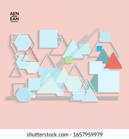 Abstract retro colored mid century background. Modern material design with overlapping geometric shapes. Realistic shadow of paper cut craft. Template with different levels of paper surfaces.