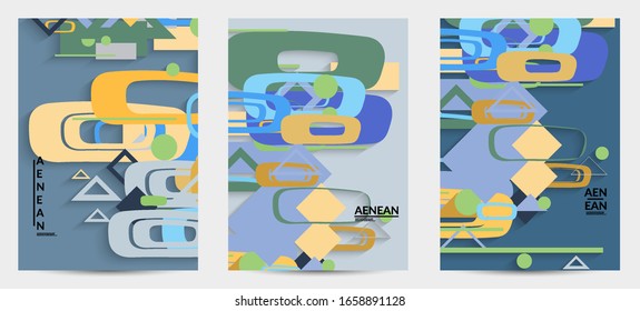 Abstract retro colored mid century background. Modern material design with overlapping geometric shapes. Realistic shadow of paper cut craft. Template with different levels of paper surfaces.