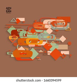 Abstract retro colored mid century background. Modern material design with overlapping geometric shapes. Realistic shadow of paper cut craft. Template with different levels of paper surfaces.