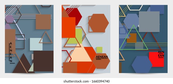 Abstract retro colored mid century background. Modern material design with overlapping geometric shapes. Realistic shadow of paper cut craft. Template with different levels of paper surfaces.