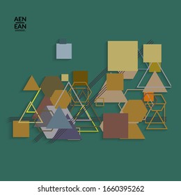 Abstrakter, Retro-farbener Hintergrund Mitte des Jahrhunderts. Modernes Materialdesign mit überlappenden geometrischen Formen. Realistischer Schatten von Papierschnitzerei. Vorlage mit unterschiedlichen Ebenen von Papierflächen.