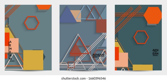 Abstract retro colored mid century background. Modern material design with overlapping geometric shapes. Realistic shadow of paper cut craft. Template with different levels of paper surfaces.
