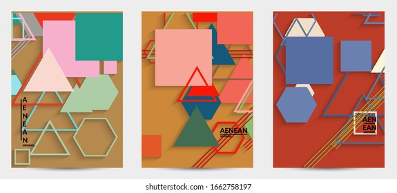 Abstract retro colored mid century background. Modern material design with overlapping geometric shapes. Realistic shadow of paper cut craft. Template with different levels of paper surfaces.