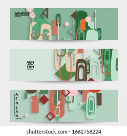 Antecedentes abstractos de color retro a mediados del siglo. Diseño de material moderno con formas geométricas superpuestas. Sombra realista del arte de cortar papel. Plantilla con diferentes niveles de superficies de papel.