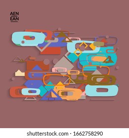 Abstract retro colored mid century background. Modern material design with overlapping geometric shapes. Realistic shadow of paper cut craft. Template with different levels of paper surfaces.