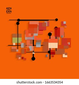 Abstrakter, Retro-farbener Hintergrund Mitte des Jahrhunderts. Modernes Materialdesign mit überlappenden geometrischen Formen. Realistischer Schatten von Papierschnitzerei. Vorlage mit unterschiedlichen Ebenen von Papierflächen.