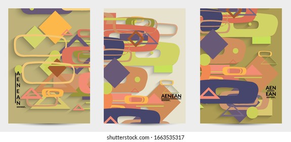 Abstract retro colored mid century background. Modern material design with overlapping geometric shapes. Realistic shadow of paper cut craft. Template with different levels of paper surfaces.