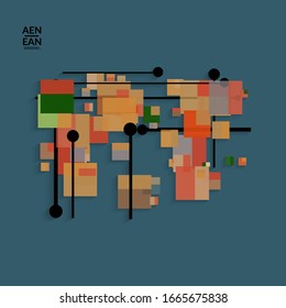 Abstract retro colored mid century background. Modern material design with overlapping geometric shapes. Realistic shadow of paper cut craft. Template with different levels of paper surfaces.