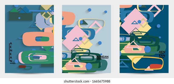 Antecedentes abstractos de color retro a mediados del siglo. Diseño de material moderno con formas geométricas superpuestas. Sombra realista del arte de cortar papel. Plantilla con diferentes niveles de superficies de papel.