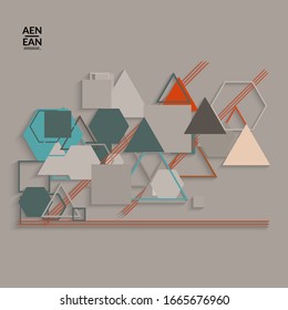 Abstract retro colored mid century background. Modern material design with overlapping geometric shapes. Realistic shadow of paper cut craft. Template with different levels of paper surfaces.