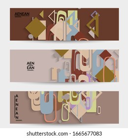 Abstract retro colored mid century background. Modern material design with overlapping geometric shapes. Realistic shadow of paper cut craft. Template with different levels of paper surfaces.
