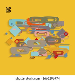 Antecedentes abstractos de color retro a mediados del siglo. Diseño de material moderno con formas geométricas superpuestas. Sombra realista del arte de cortar papel. Plantilla con diferentes niveles de superficies de papel.