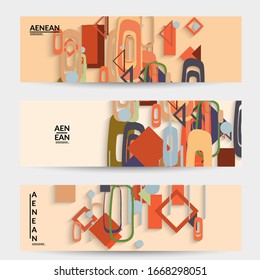 Abstract retro colored mid century background. Modern material design with overlapping geometric shapes. Realistic shadow of paper cut craft. Template with different levels of paper surfaces.