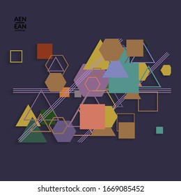Abstract retro colored mid century background. Modern material design with overlapping geometric shapes. Realistic shadow of paper cut craft. Template with different levels of paper surfaces.