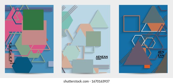 Abstract retro colored mid century background. Modern material design with overlapping geometric shapes. Realistic shadow of paper cut craft. Template with different levels of paper surfaces.