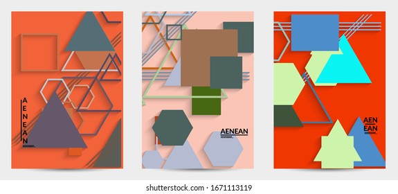 Abstract retro colored mid century background. Modern material design with overlapping geometric shapes. Realistic shadow of paper cut craft. Template with different levels of paper surfaces.
