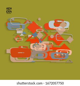 Abstract retro colored mid century background. Modern material design with overlapping geometric shapes. Realistic shadow of paper cut craft. Template with different levels of paper surfaces.