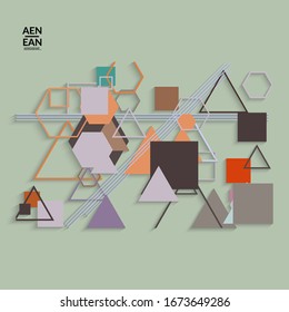 Abstract retro colored mid century background. Modern material design with overlapping geometric shapes. Realistic shadow of paper cut craft. Template with different levels of paper surfaces.