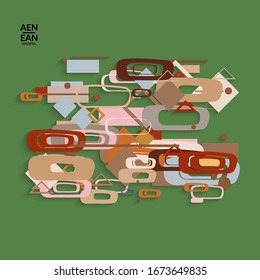 Abstract retro colored mid century background. Modern material design with overlapping geometric shapes. Realistic shadow of paper cut craft. Template with different levels of paper surfaces.