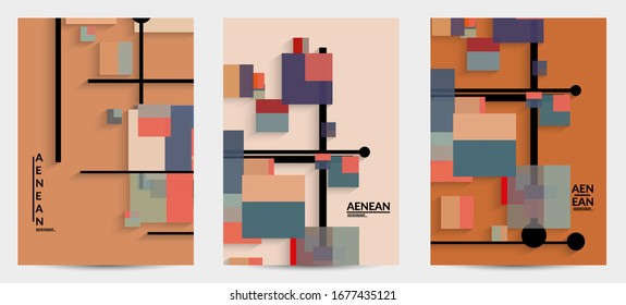Abstract retro colored mid century background. Modern material design with overlapping geometric shapes. Realistic shadow of paper cut craft. Template with different levels of paper surfaces.