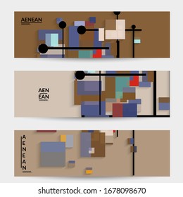 Abstract retro colored mid century background. Modern material design with overlapping geometric shapes. Realistic shadow of paper cut craft. Template with different levels of paper surfaces.