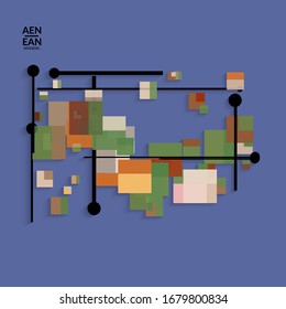 Abstract retro colored mid century background. Modern material design with overlapping geometric shapes. Realistic shadow of paper cut craft. Template with different levels of paper surfaces.