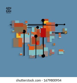 Abstract retro colored mid century background. Modern material design with overlapping geometric shapes. Realistic shadow of paper cut craft. Template with different levels of paper surfaces.