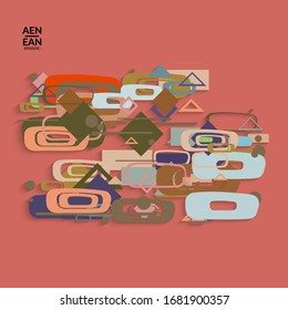 Abstrakter, Retro-farbener Hintergrund Mitte des Jahrhunderts. Modernes Materialdesign mit überlappenden geometrischen Formen. Realistischer Schatten von Papierschnitzerei. Vorlage mit unterschiedlichen Ebenen von Papierflächen.