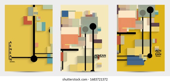 Antecedentes abstractos de color retro a mediados del siglo. Diseño de material moderno con formas geométricas superpuestas. Sombra realista del arte de cortar papel. Plantilla con diferentes niveles de superficies de papel.