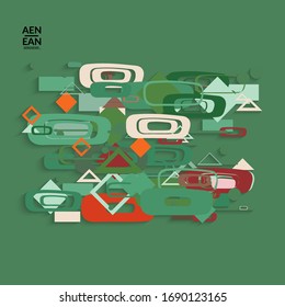 Abstract retro colored mid century background. Modern material design with overlapping geometric shapes. Realistic shadow of paper cut craft. Template with different levels of paper surfaces.
