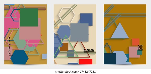 Abstract retro colored mid century background. Modern material design with overlapping geometric shapes. Realistic shadow of paper cut craft. Template with different levels of paper surfaces.