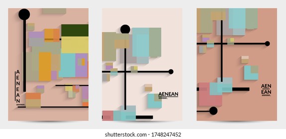 Abstract retro colored mid century background. Modern material design with overlapping geometric shapes. Realistic shadow of paper cut craft. Template with different levels of paper surfaces.