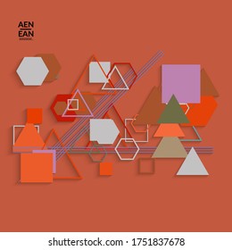 Abstract retro colored mid century background. Modern material design with overlapping geometric shapes. Realistic shadow of paper cut craft. Template with different levels of paper surfaces.