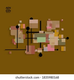 Abstract retro colored mid century background. Modern material design with overlapping geometric shapes. Realistic shadow of paper cut craft. Template with different levels of paper surfaces.