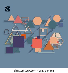Resumen de fondo retro de mediados de siglo. Diseño de material moderno con formas geométricas superpuestas. Sombra realista del arte de cortar papel. Plantilla con diferentes niveles de superficies de papel.