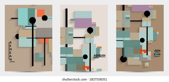 Abstract retro colored mid century background. Modern material design with overlapping geometric shapes. Realistic shadow of paper cut craft. Template with different levels of paper surfaces.