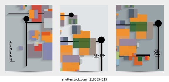 Abstract retro colored mid century background. Modern material design with overlapping geometric shapes. Realistic shadow of paper cut craft. Template with different levels of paper surfaces.