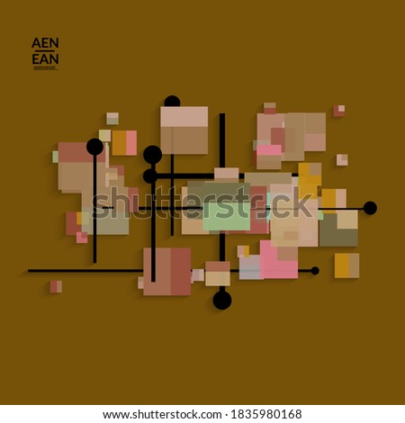 Abstract retro colored mid century background. Modern material design with overlapping geometric shapes. Realistic shadow of paper cut craft. Template with different levels of paper surfaces.