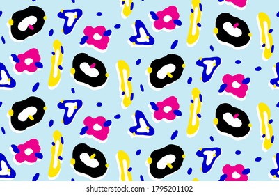 Abstract Retro Colorful Geometric Heart Leopard Shapes Dots Seamless Vector Pattern Isolated Background