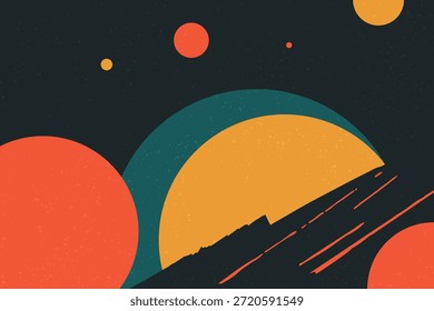 Abstrakter retro-kosmischer Hintergrund mit geometrischen Planeten und minimalen Formen in dunklen Tönen