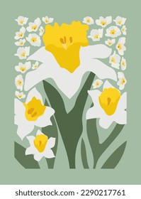 Abstract retro daffodils background with groovy flowers . Doodle shapes in trendy 70s style. Vector illustration.