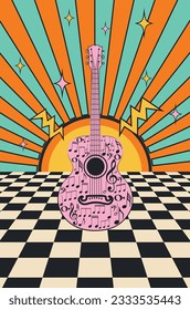 Resumen de diseño retro con notas de guitarra y música.