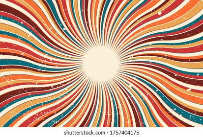 Abstract retro dirty grunge vintage starburst. Vintage sunburst wallpaper. Swirl light rays. Old paper. Texture stripes red yellow orange brown and blue. Cardboard Pattern background