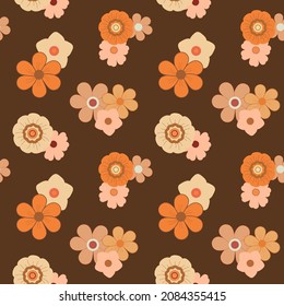 Abstract retro ditsy flowers seamless pattern. Vintage 60's - 70's inspired palette, dark background